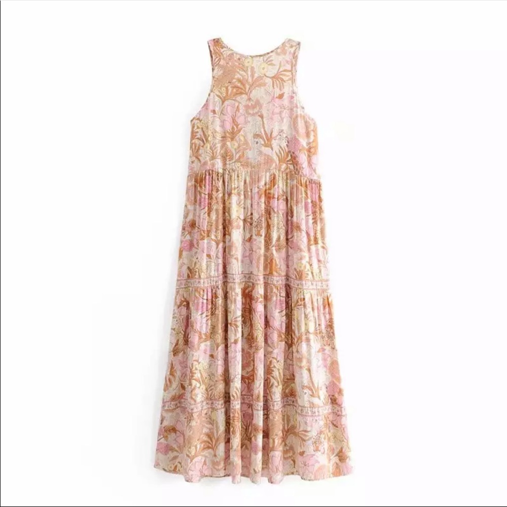 Sleeveless Boho Floral Gypsy Print Maxi Dress Pink - Picture 4 of 11